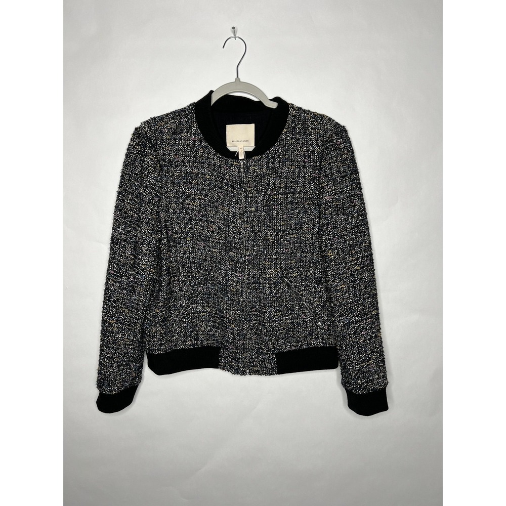 Rebecca Taylor Jacket Womens 12 Black Tweed Bomber Full Zip Pockets 617644J681